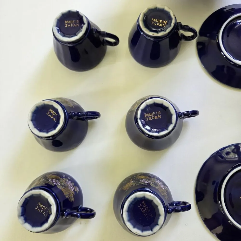 Vintage Hand Spray KT in Glaze Cobalt Blue Japanese 17 Pc. Tea Set 1960’s
